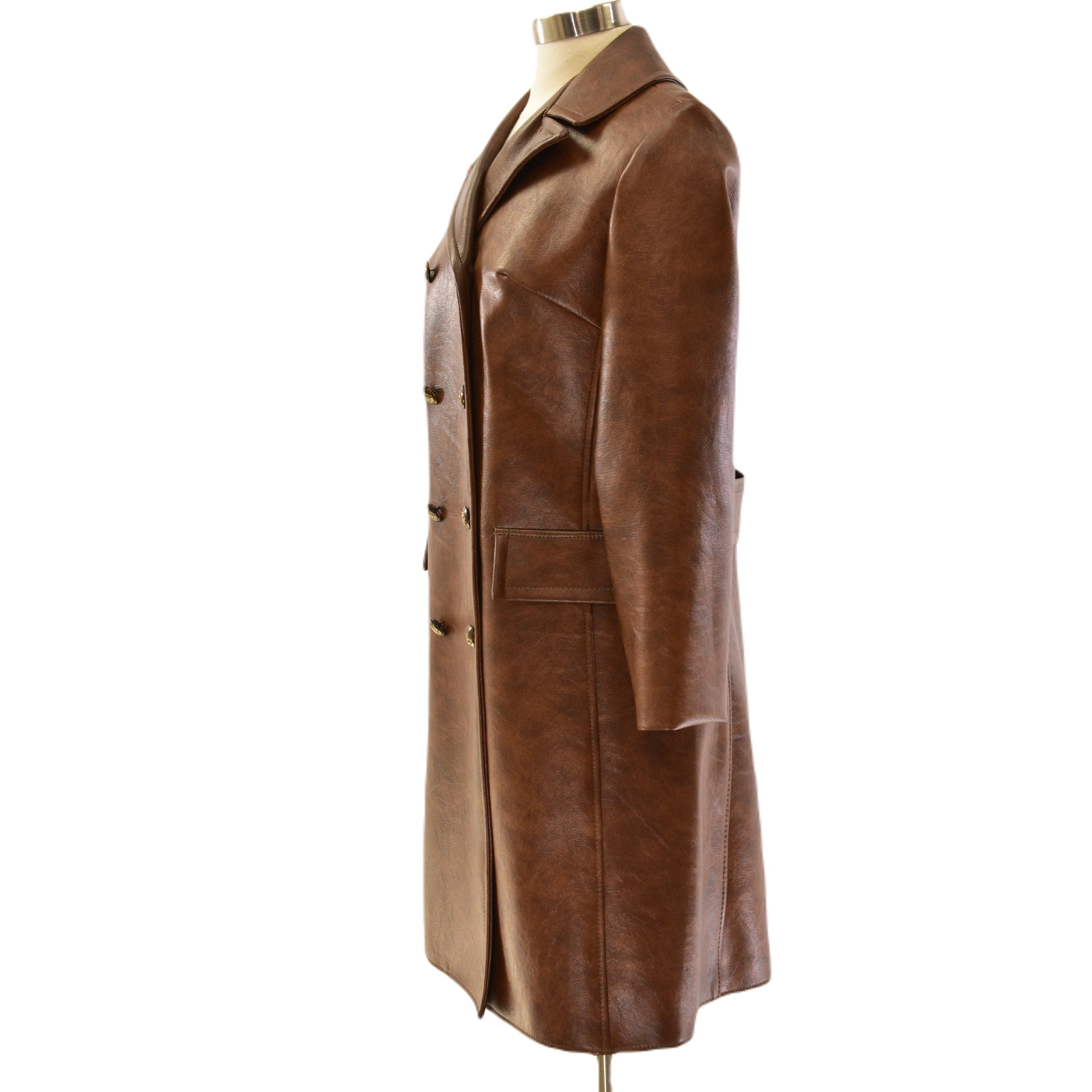 60s Vintage Brown Faux Leather Coat Womens M Double Breasted Mod Trench Jacket