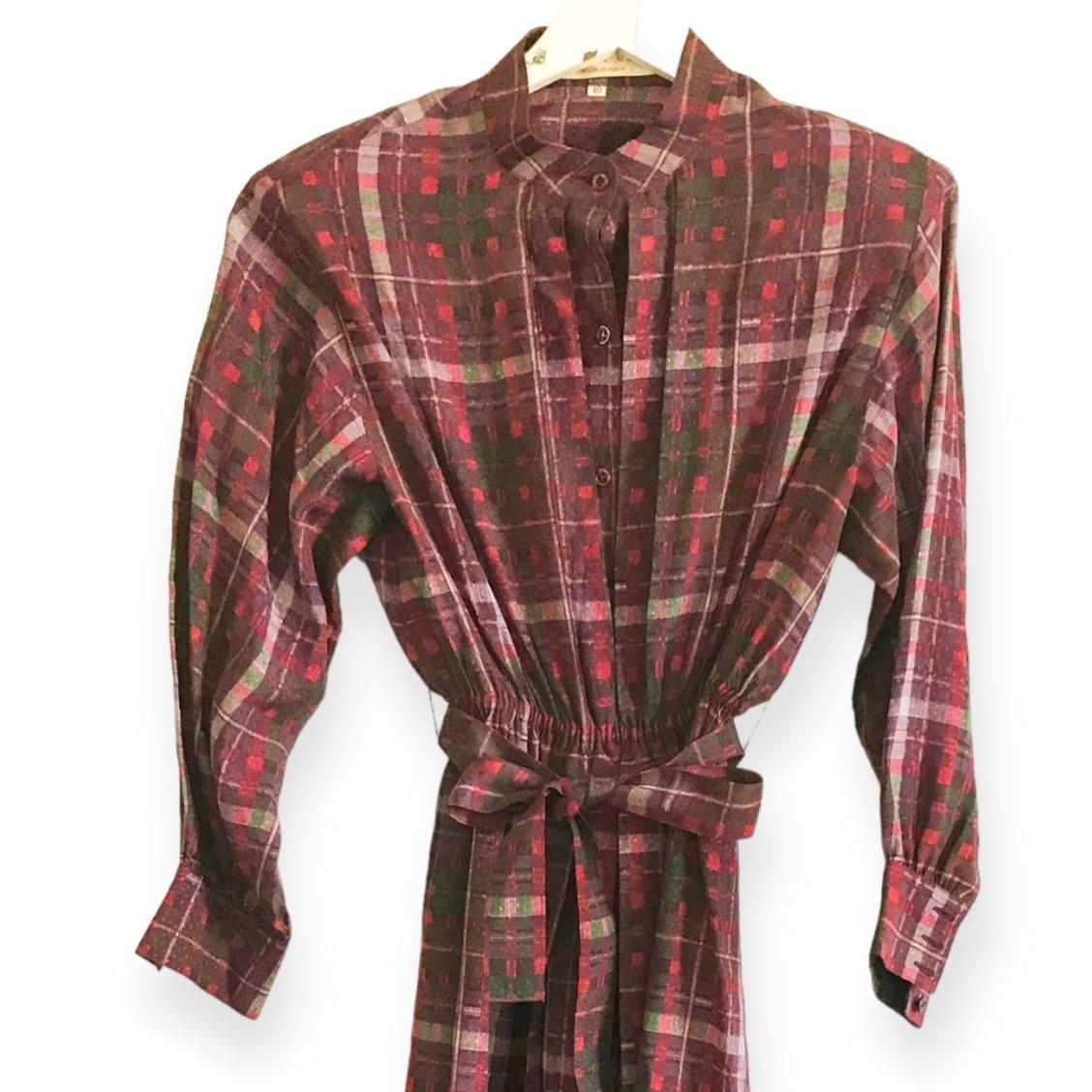Vintage 1980s Christian Aujard Silk Plaid Shirt Dress Made in Italy, Size 40 IT