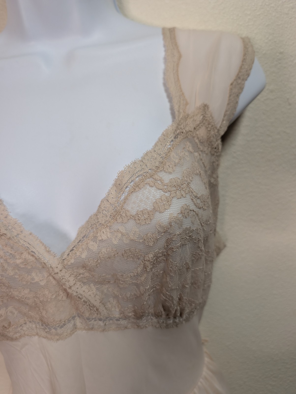 Vintage Blush Peach Lace Chiffon Gown Bardot Style Romantic Bridal Lingerie Slip