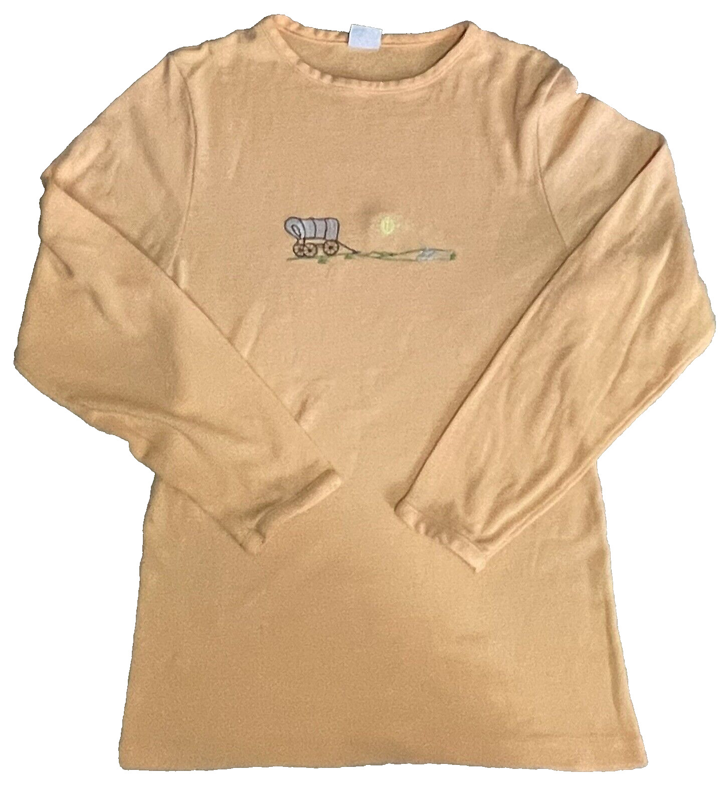 VINTAGE 1970s LAMPLIGHTER PEACH LONG SLEEVED TOP W/CROSS STITCHED COVERED WAGON