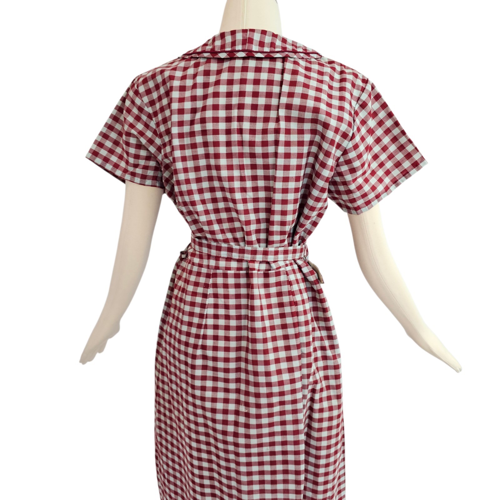 Vintage 1960’s Dress Maroon Baby Blue Gingam Check Foldover Collar Belt Buttons