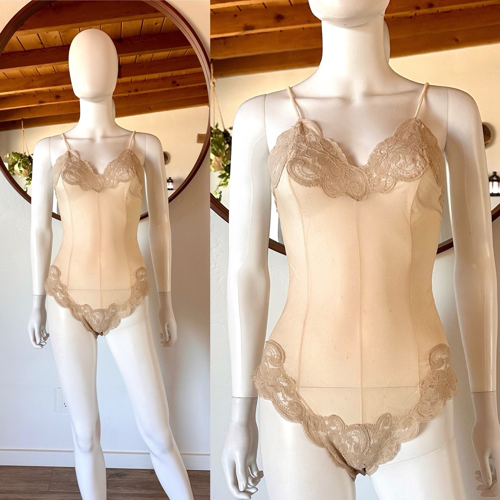 Vintage 50’s Lady Lynne Sheer Tan Beige Lingerie Nylon Bodysuit Tag Size P XS/S