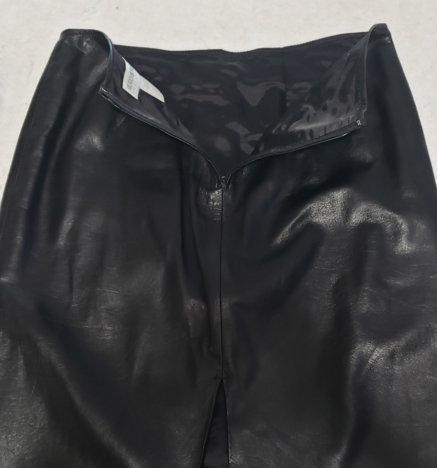 Black Leather Skirt Hugo Buscati sz 6 Calf Length Lined Back Zipper 30 in Vtg