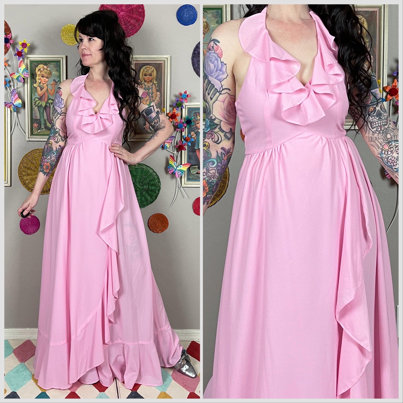 Vintage 1970s Bubblegum Pink Ruffled Halter Maxi Dress | XS/S – 26″-28″ Waist