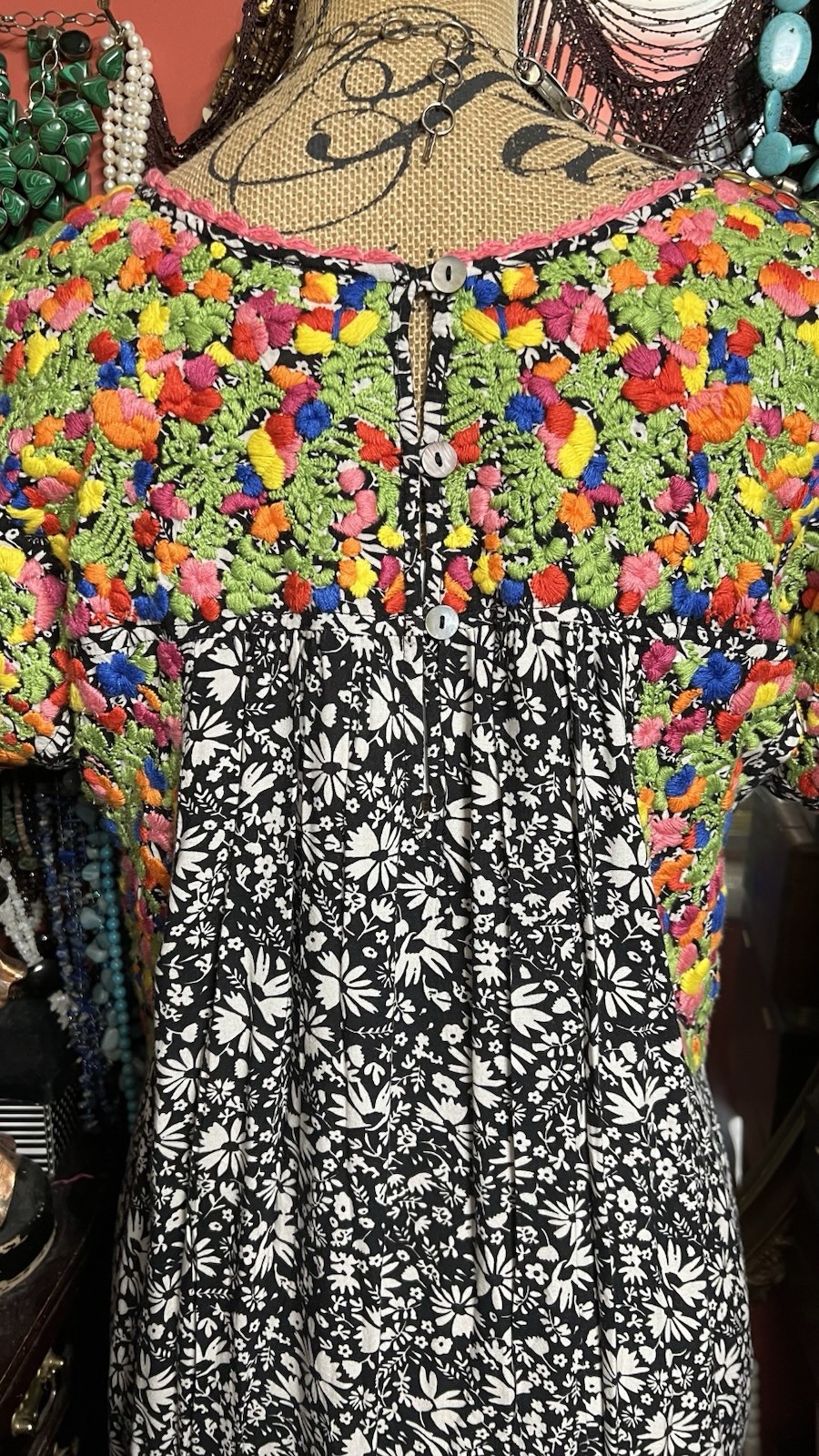 Beautiful “Sister Mary” Black And White Multi Floral Color Embroidery Oaxacan ML
