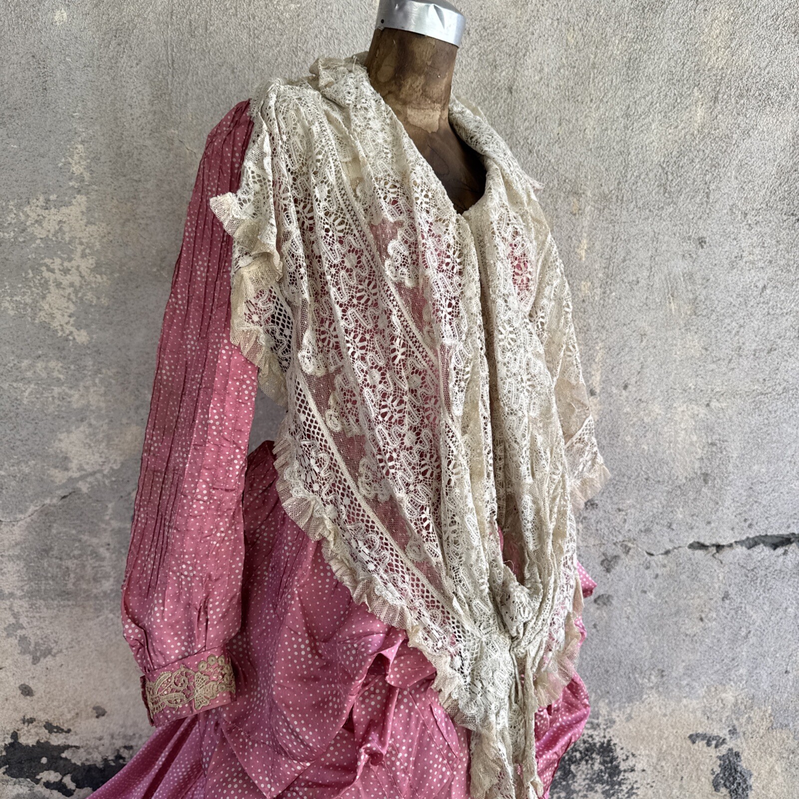 Antique Victorian Pink Silk Dot Print Dress Side Bustle Gown Lace 1880s Vintage