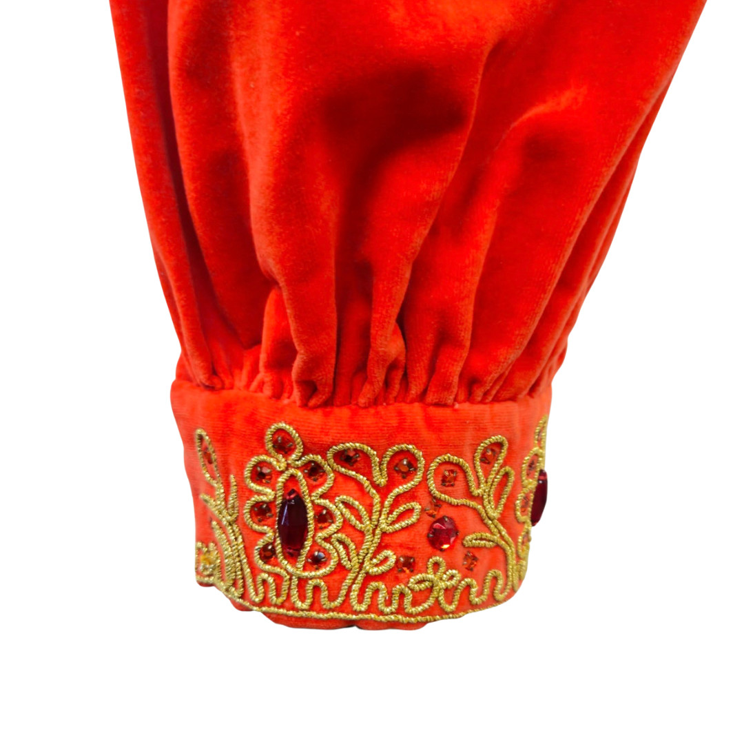 Vintage 1960s Geno California Electric Orange Jeweled Velvet 2pc Pant Set