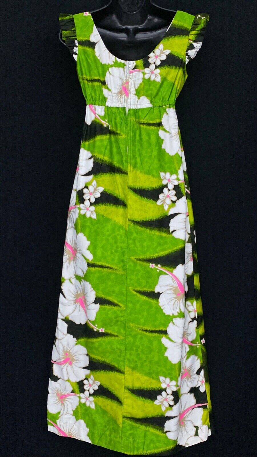 Vintage 1960s green Hawaiian dress, floral reptile flutter maxi cotton summer S