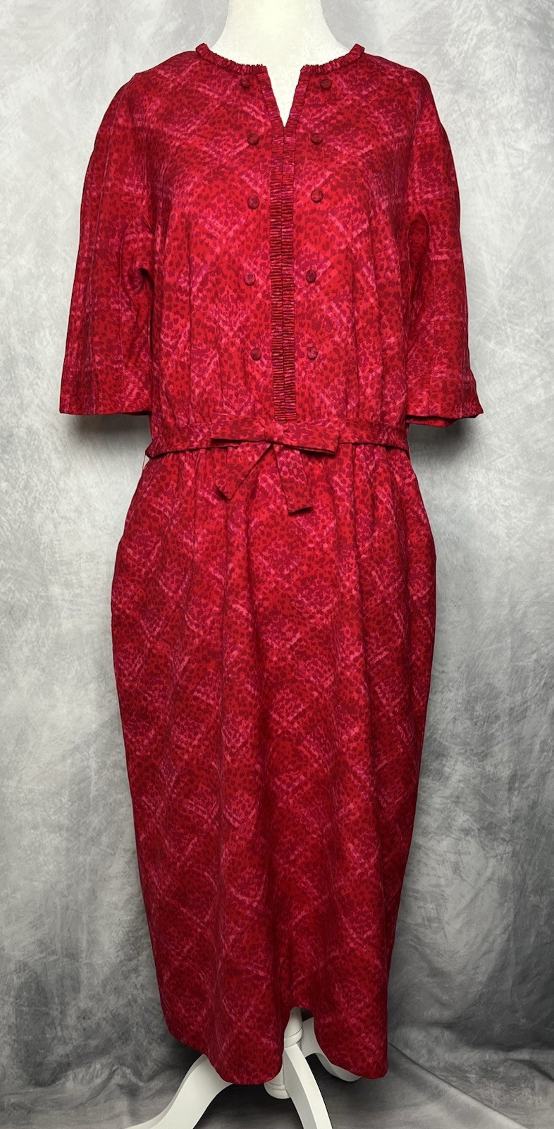 Vintage 1950s/60s Julius Garfinckel Raspberry Red Printed Dress Bow Belt Sz L