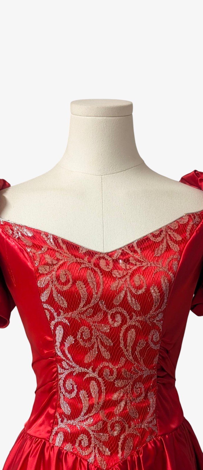 Vintage 70’s 80’s Red Satin Silver Lace Prom Gown Dress Puffy Sleeves Bustle S