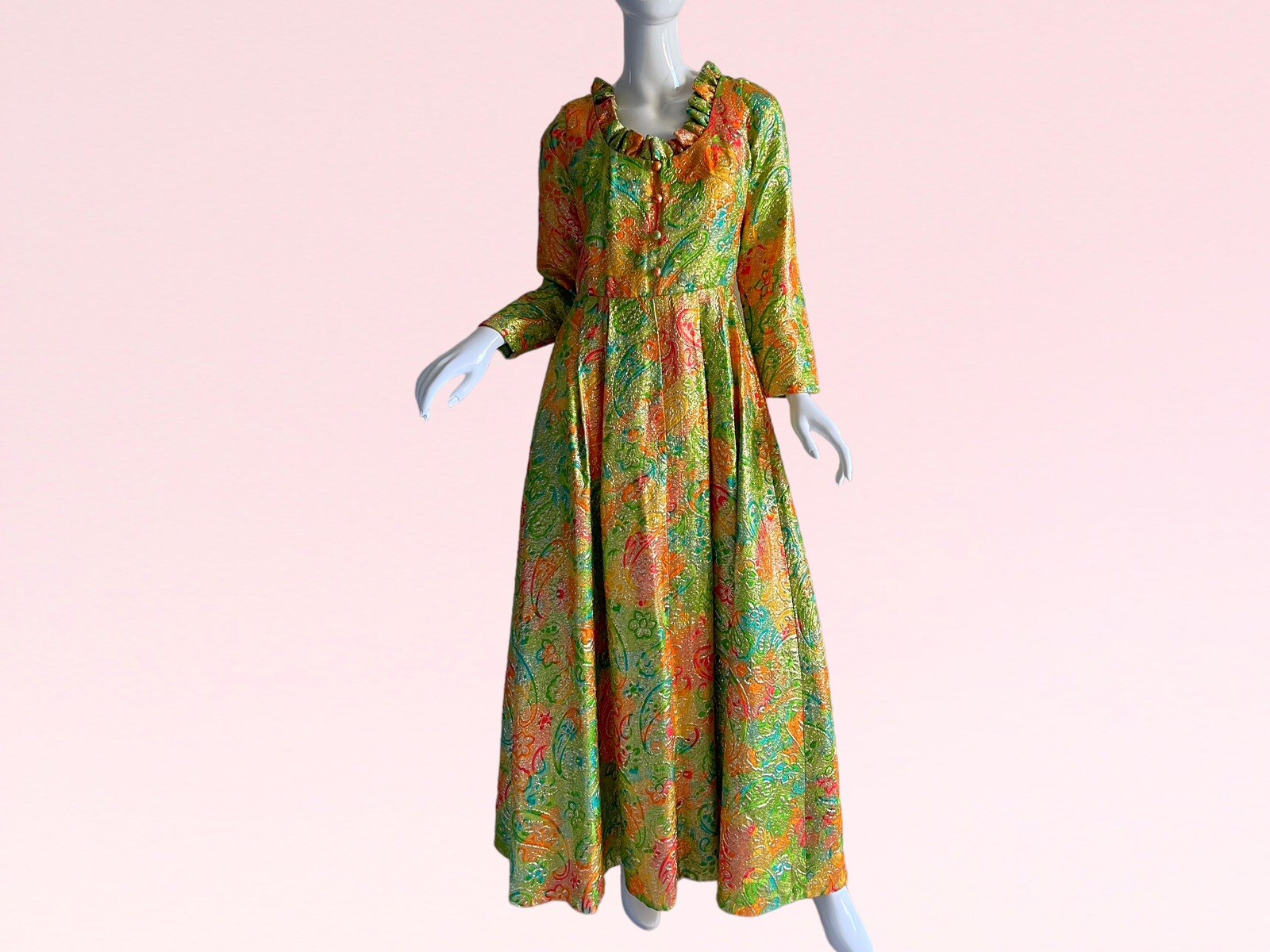 1960s Vintage Montaldos Designer Brocade Metallic Wedding Evening Dress Medium