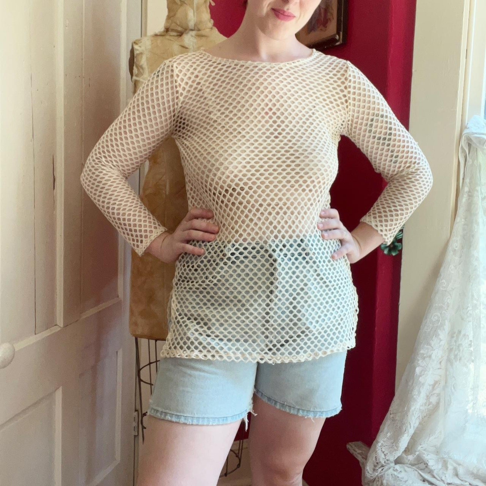 Vintage Y2K Off White Cream Fishnet Rave Party Long Sleeve Top Size S/M/L