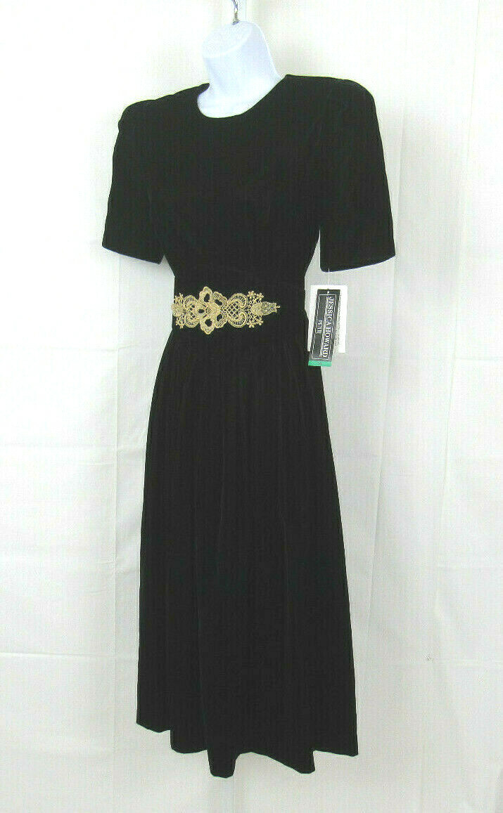 NWT VTG 1980s JESSICA HOWARD PETITE BLACK VELVET DRESS SIZE 10 EMBROIDERY TRIM