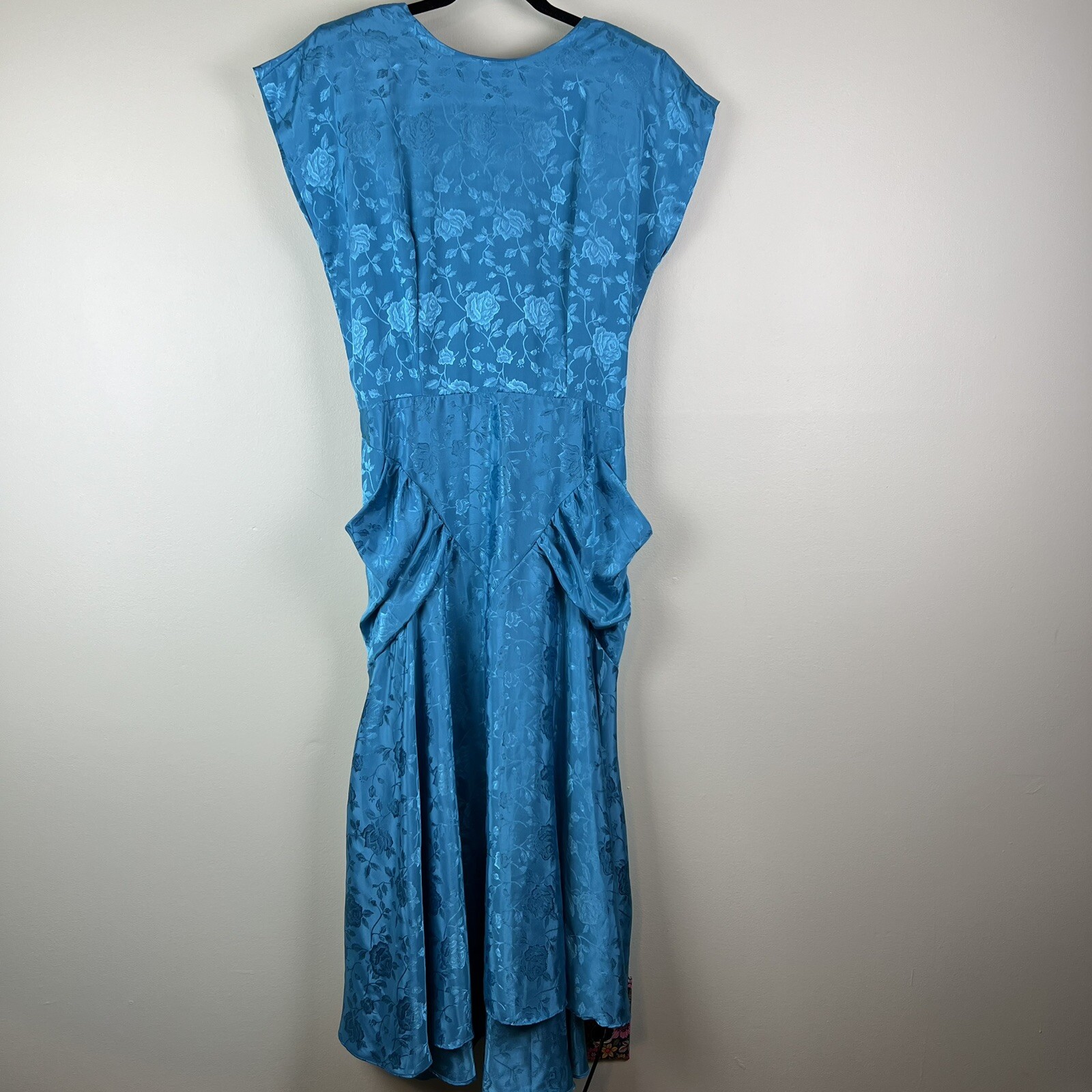 VTG 80s Nuance Sz Medium Satin Teal Blue Jacquard Floral Draped Blouson Dress