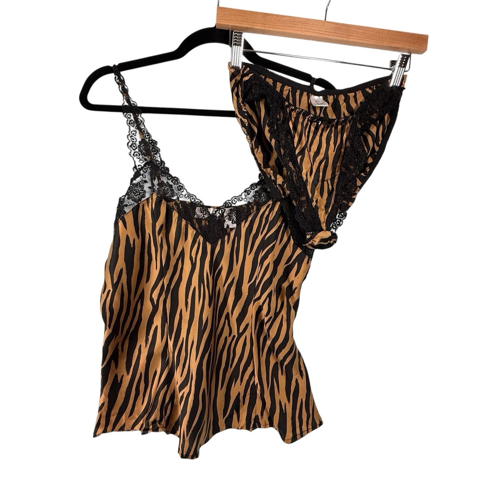 VTG Silkscreen 80s Hi Cut Flutter SIZE LARGE Cami Nightie Set Tiger Lace