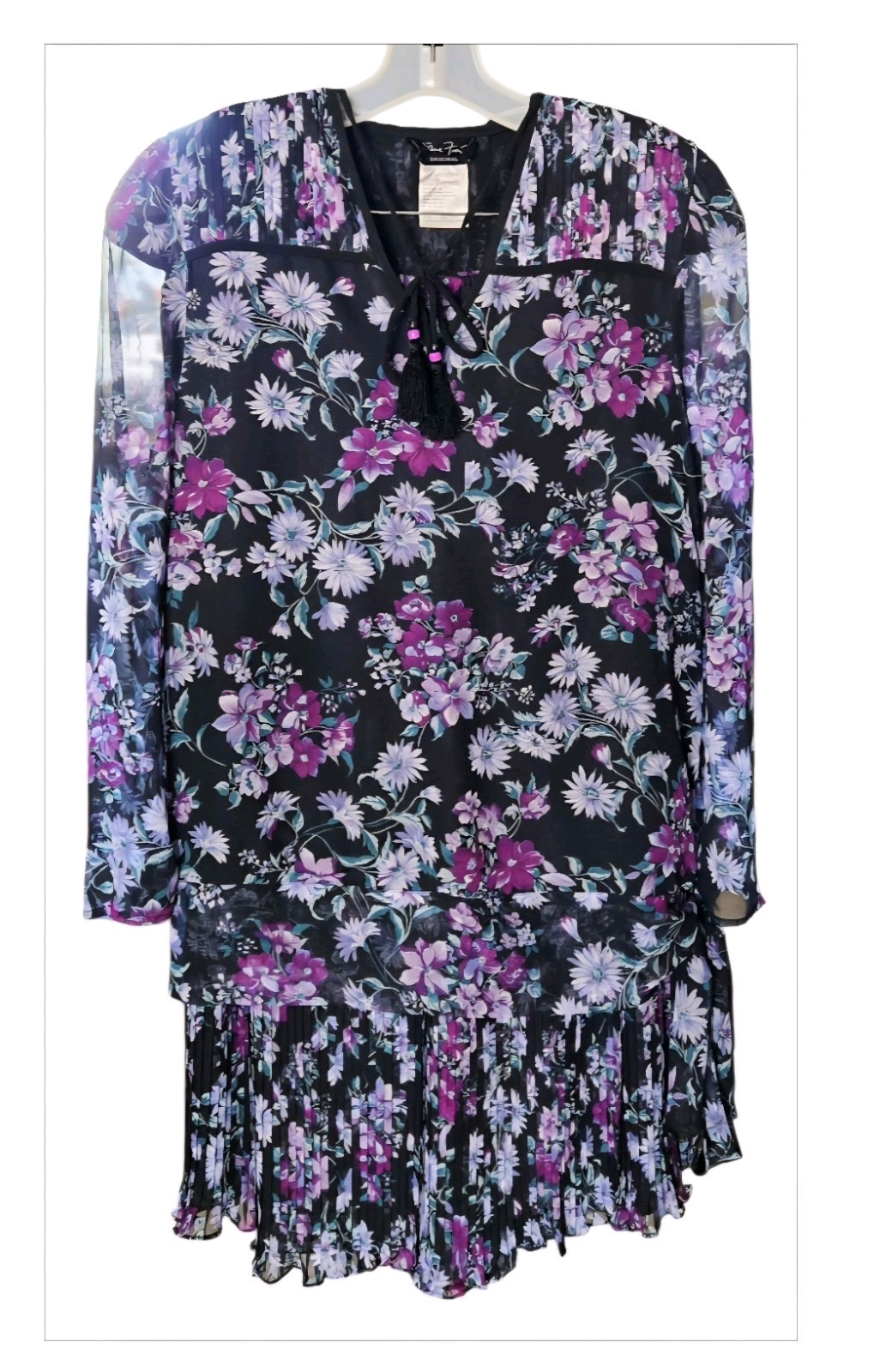 1980s DIANE FREIS ORIGINAL GEORGETTE Purple And Black Floral Poly Skirt Set XL