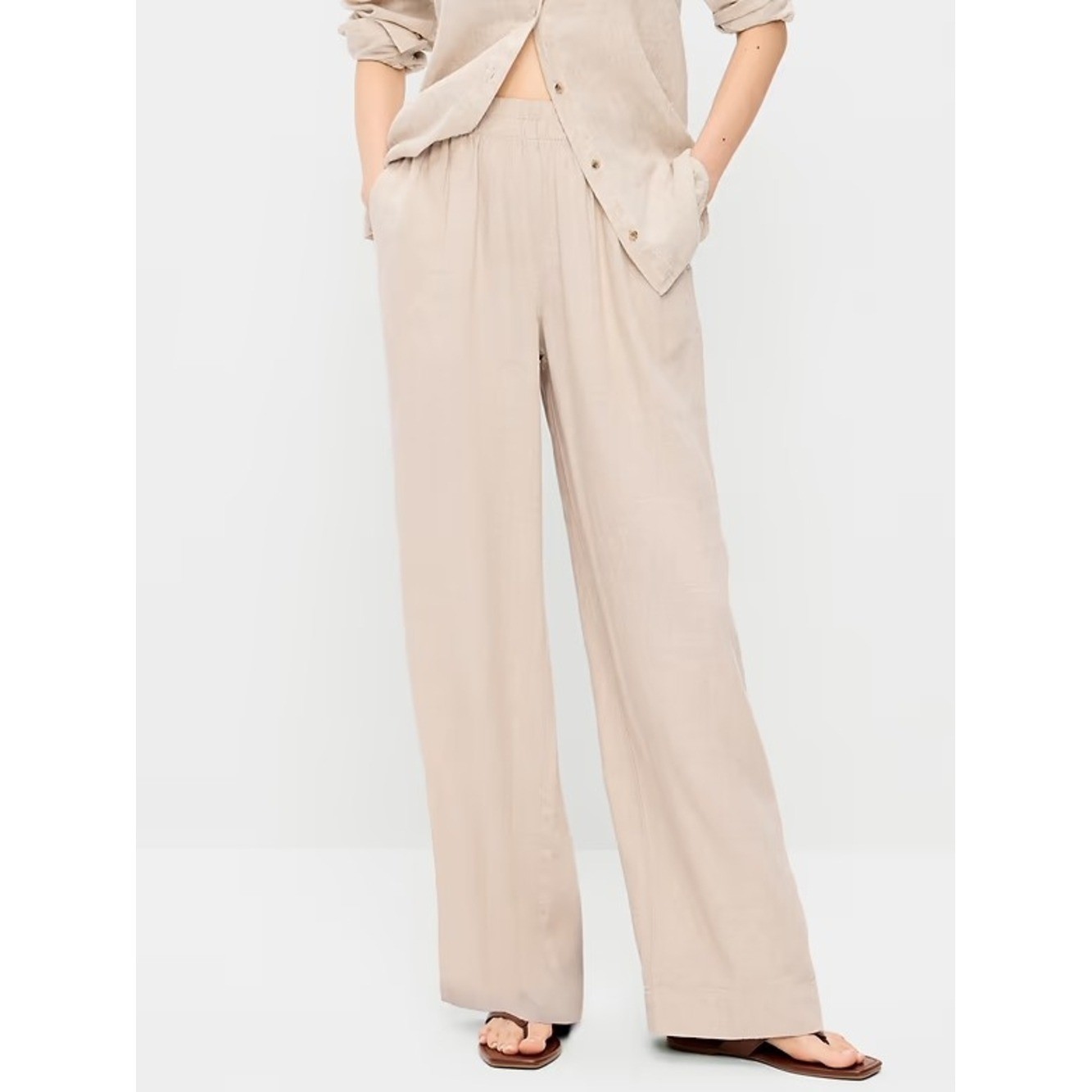 Old Navy Beige Wide-Leg Linen Blend Pants In Natural Flax Beige Color Size XL
