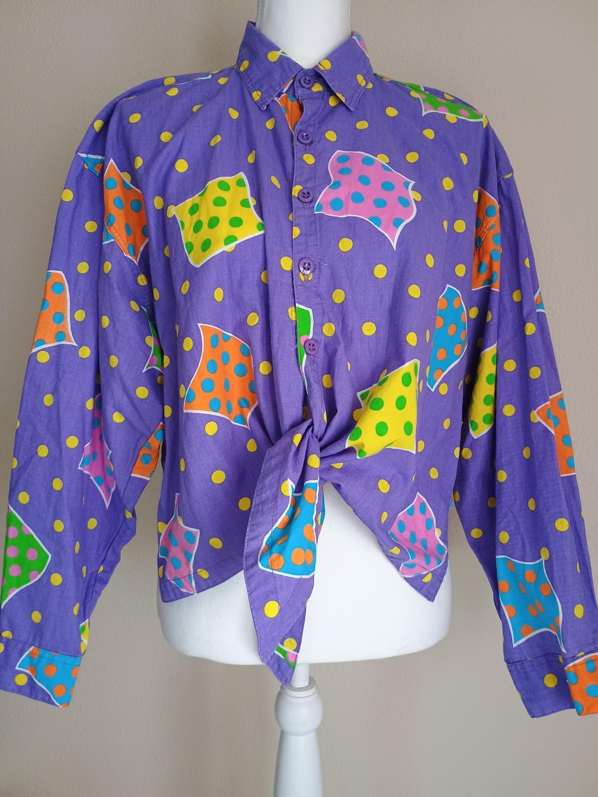 VTG Naf Naf Paris Front Tie Shirt Ladies Purple All Print France Abstract 90s