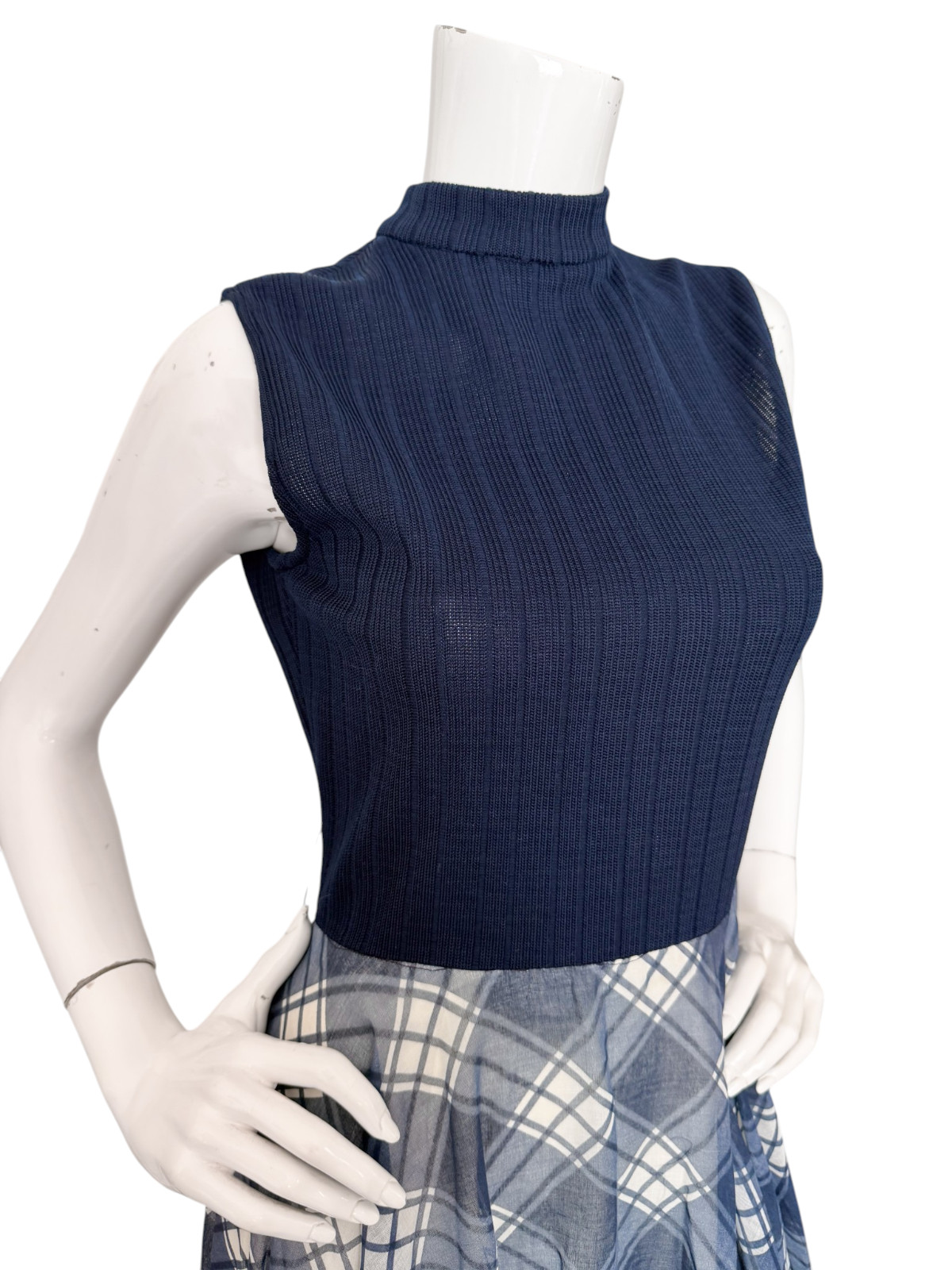 Vintage 60s Mod Maxi Dress Plaid Voile Flowing A-Line Skirt Knit Mock Top Small