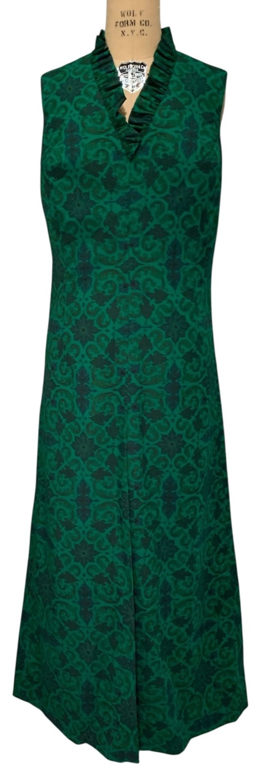 Vintage 60s/70s Women’s Baroque Print Sleeveless Ruffled Neck Maxi Dress – Sz M