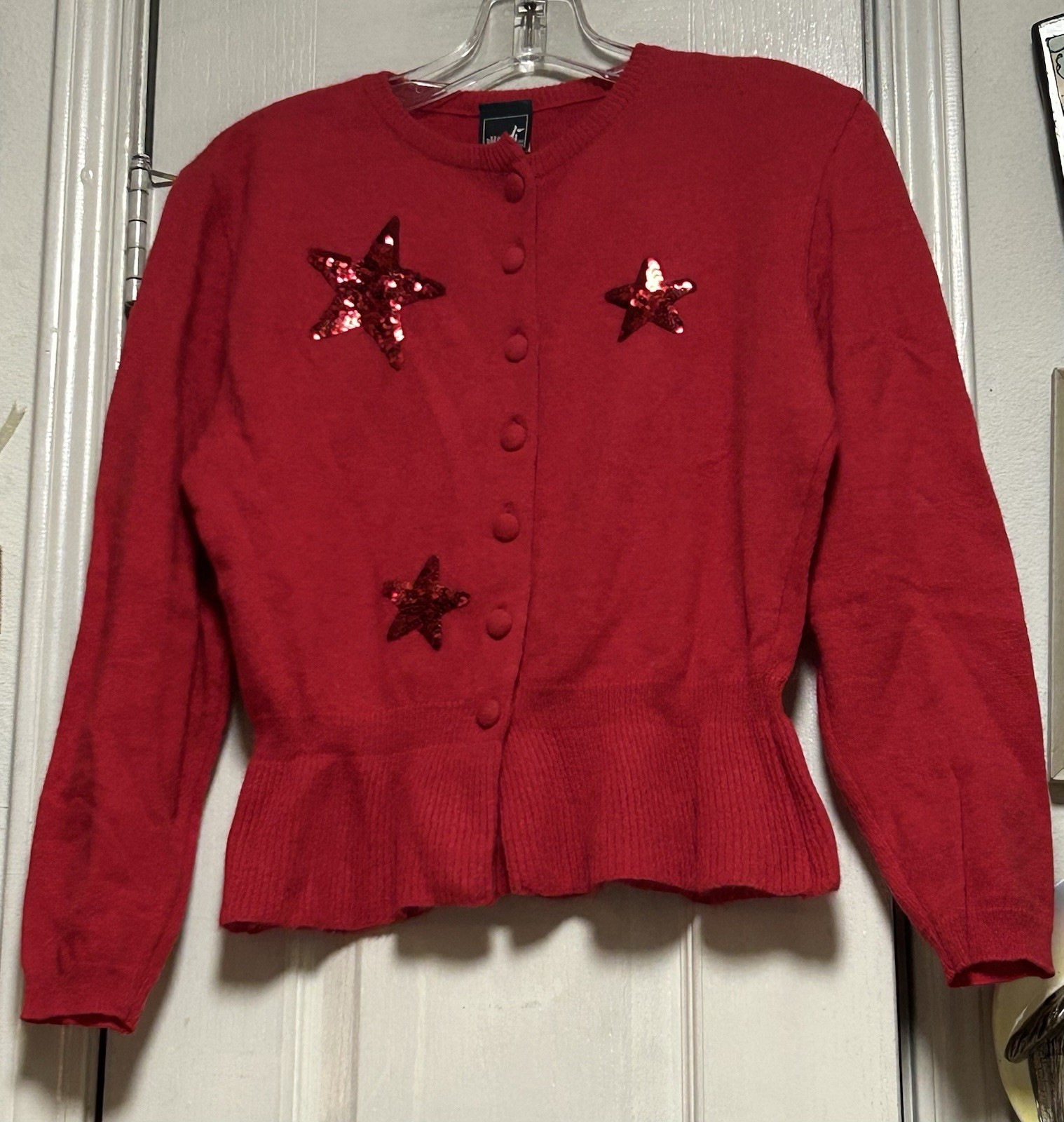 Vintage MONDI Red Soft Sumptuous Peplum Sequin Stars Sweater 36(s)-West Germany