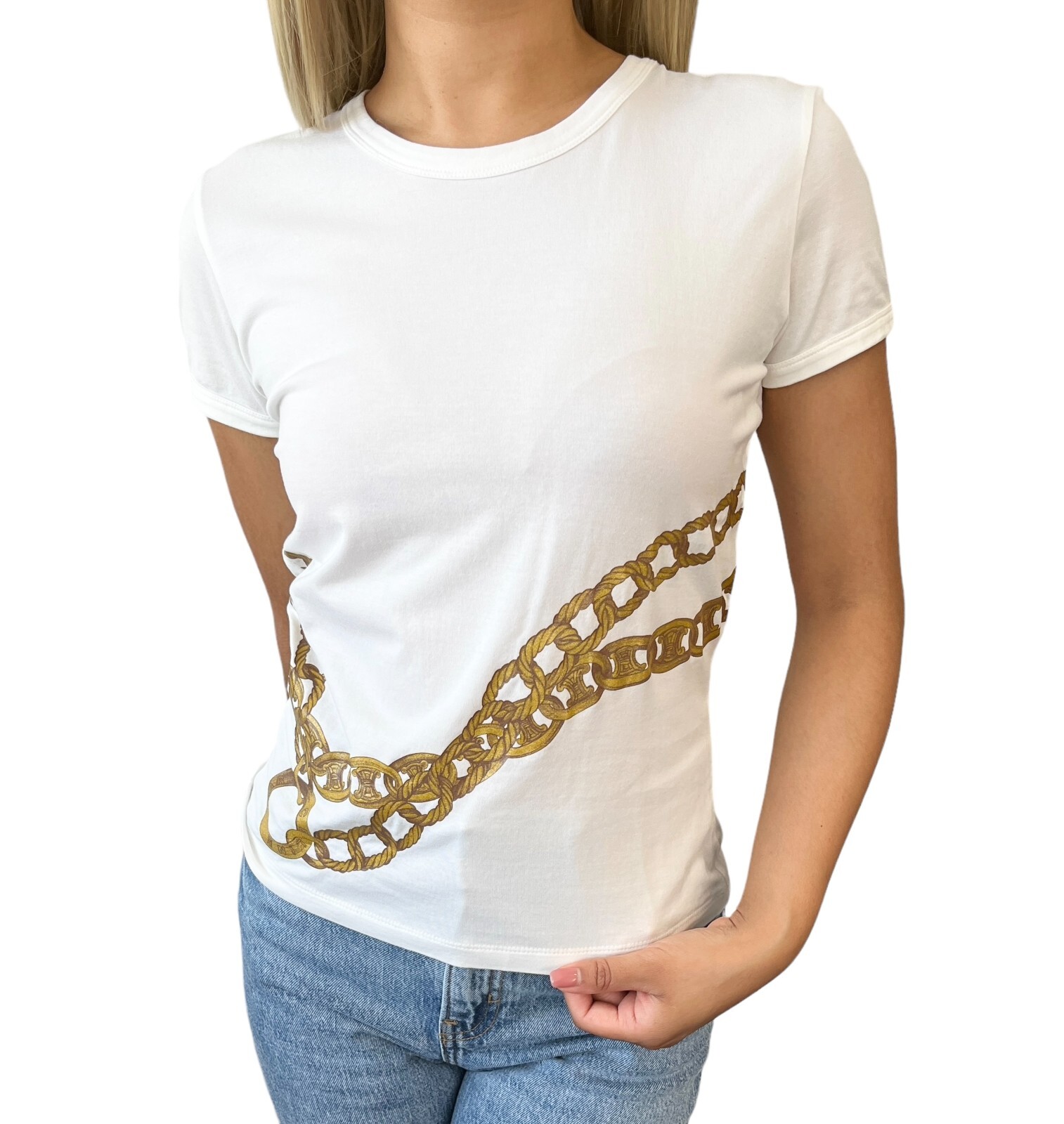 CELINE Vintage Macadam Logo T-shirt Top #S Chain Print White Cotton Rank AB