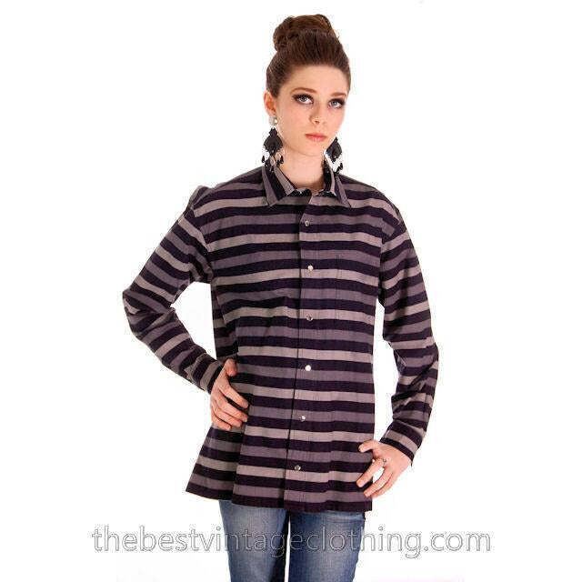 Vtg 70s Vuokko Cotton Stripe Jacket Top M Black Gray Charcoal Modernist Snaps