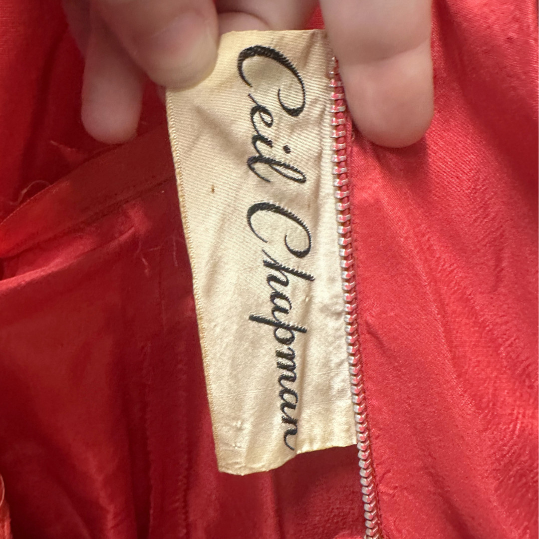 Vintage 1950s Ceil Chapman Red Taffeta Draped Bustle Pointed Bust Dress