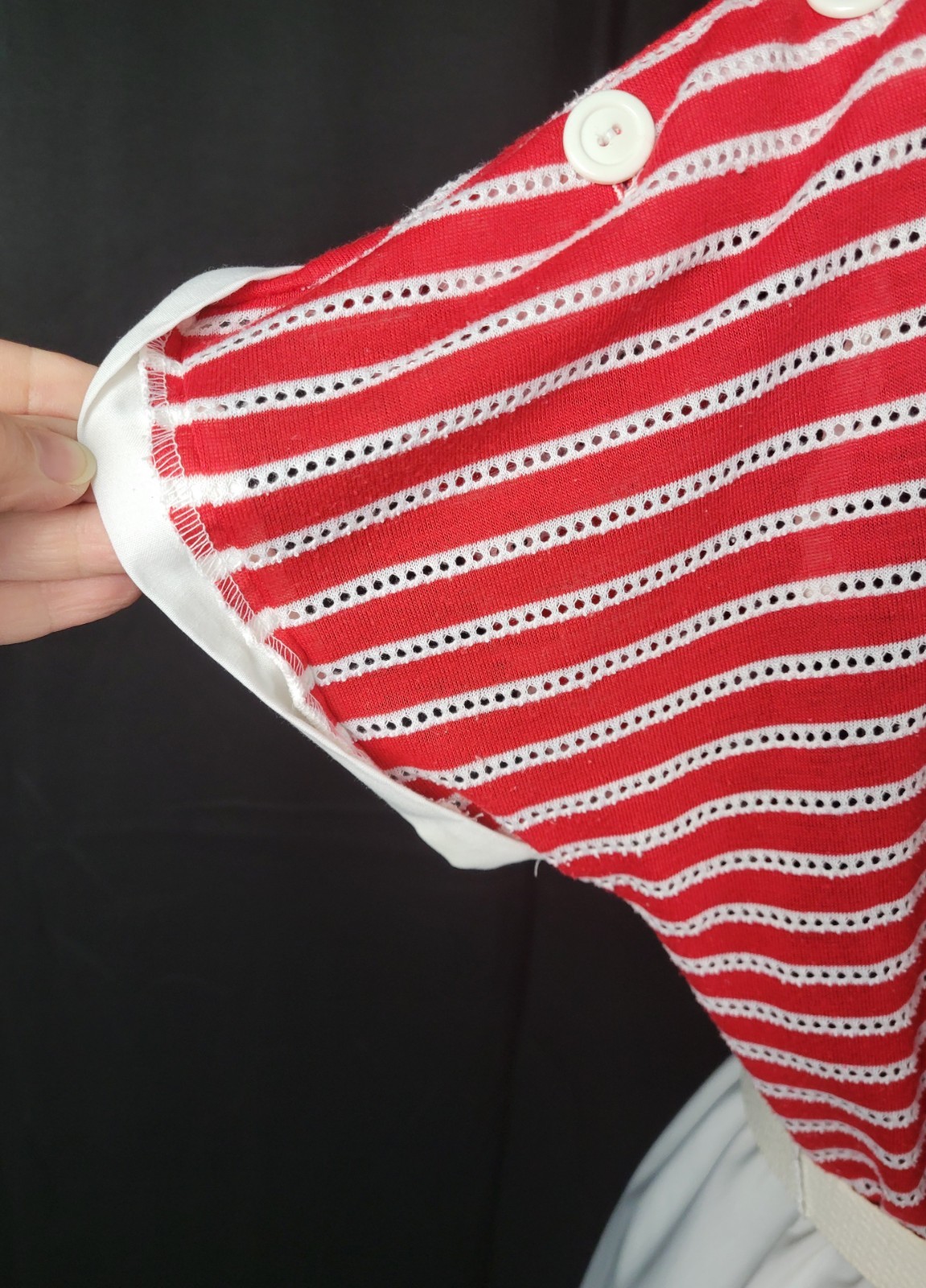 Vintage Boatneck Blouson Dress w Red & White Striped Bodice & White Skirt Size L
