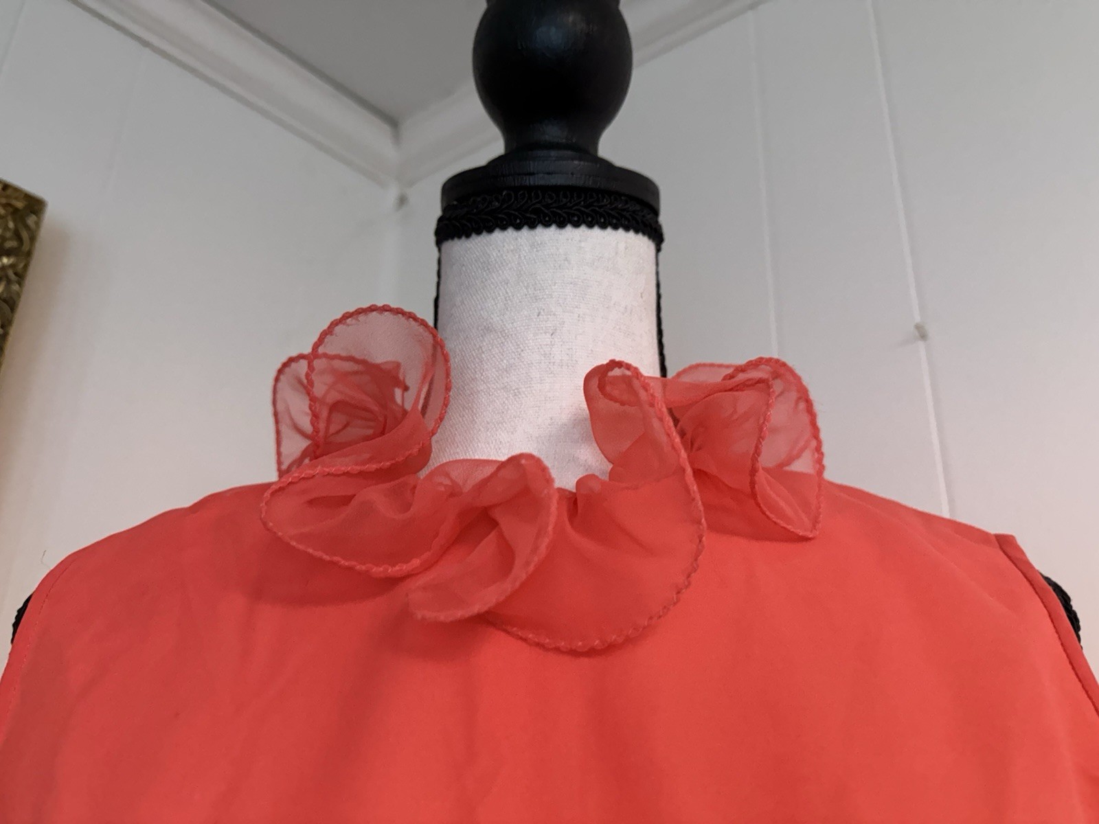 VTG Audrey Hepburn Coral Chiffon Ruffle Collar Dress, Breakfast at Tiffany’s, Sm