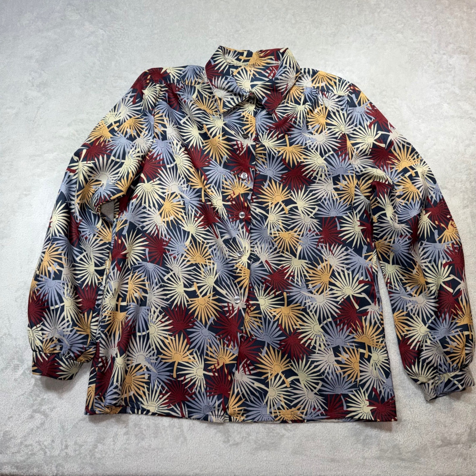 Vintage 70s Geometric Fan Print Button Down Blouse Retro Long Sleeve Shirt L