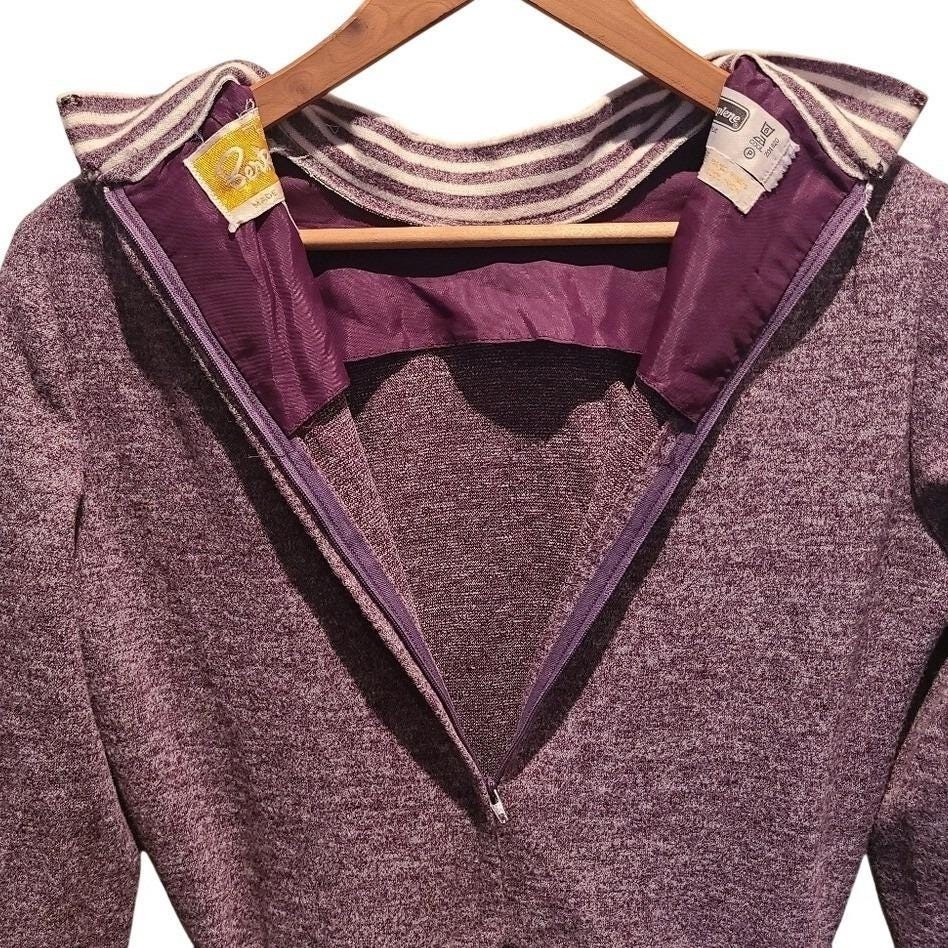 Vintage Purple Belted Long Sleeve Mockneck Fit & Flare Dress UK 14 Fits Small