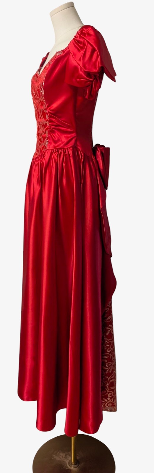 Vintage 70’s 80’s Red Satin Silver Lace Prom Gown Dress Puffy Sleeves Bustle S