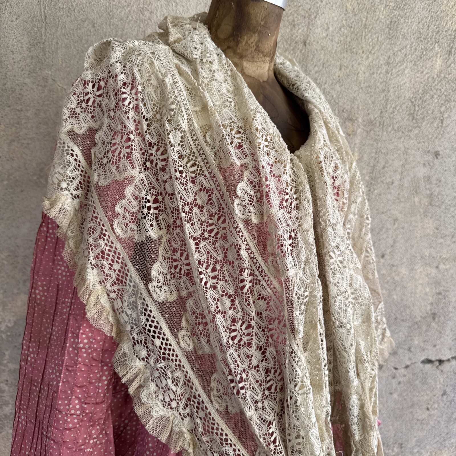 Antique Victorian Pink Silk Dot Print Dress Side Bustle Gown Lace 1880s Vintage