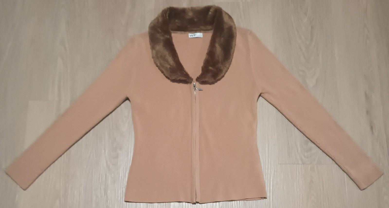 Vtg 70s Cotton Polyester Knit Faux Fur Collar Caramel Tan Cardigan Sweater XS