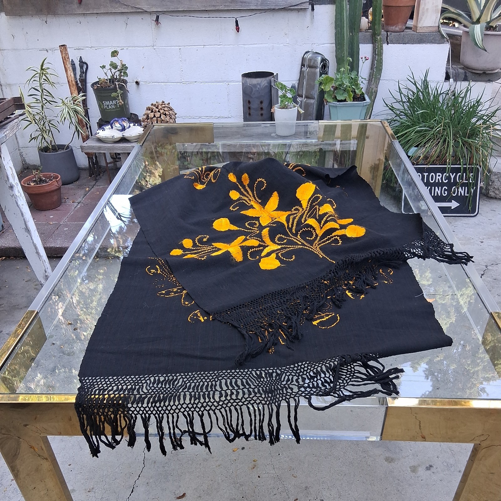 Arts & Crafts Era Black Wrap Cape Shawl Poncho Gold Embroidered Tassel