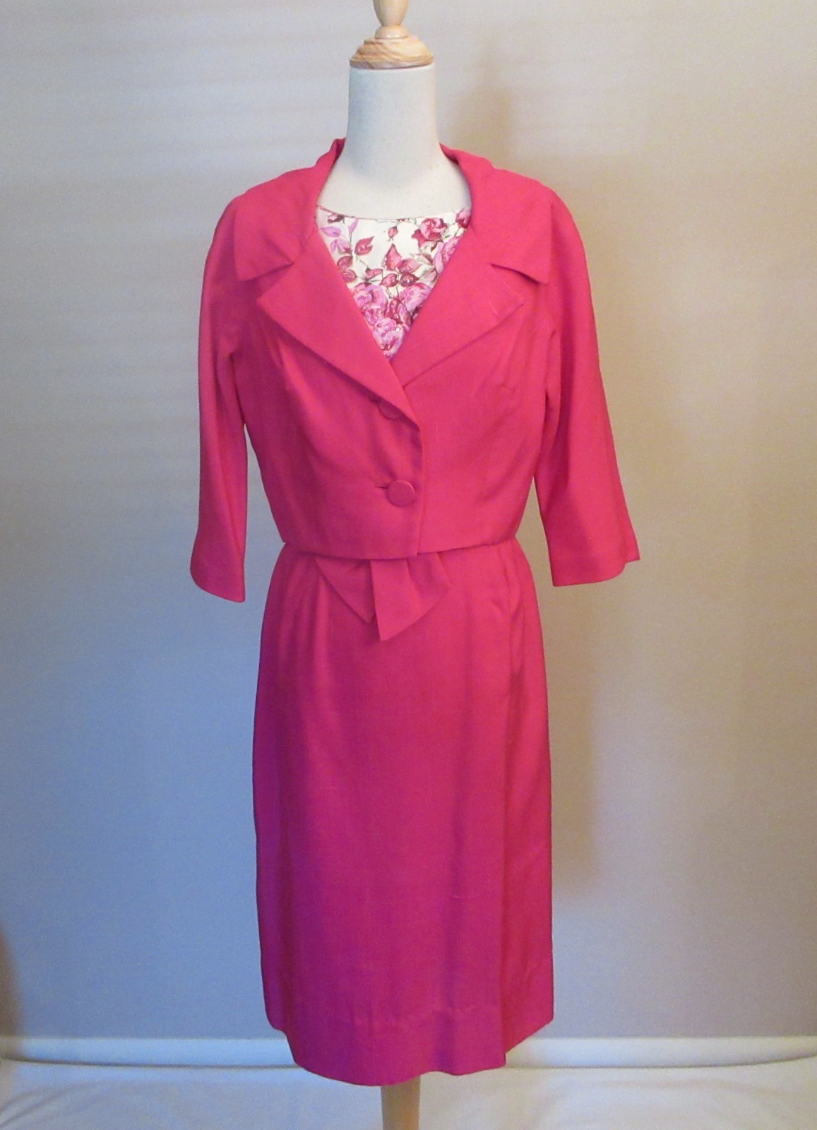 Vintage 1950s Silk Floral Print Sequined Dress & Jacket Suit Set
