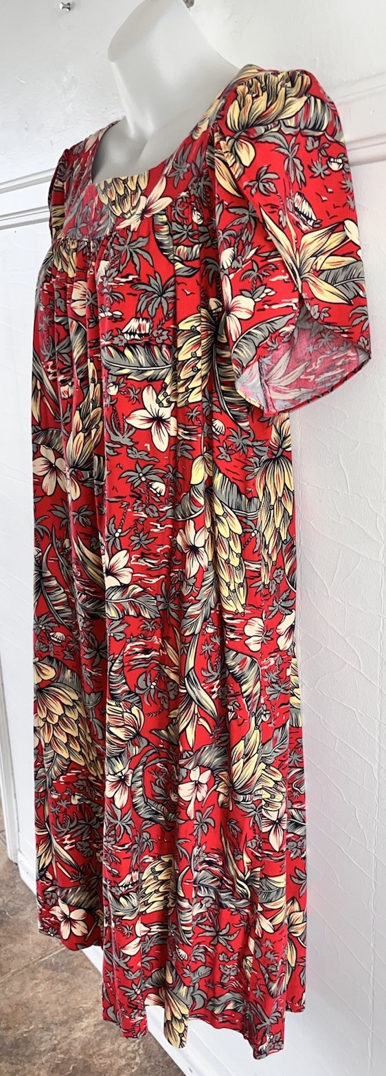 Vtg Hawaiian Hilo Hattie Mumu Dress Banana 🍌 Tree Red Floral Puff Sleeves-XL
