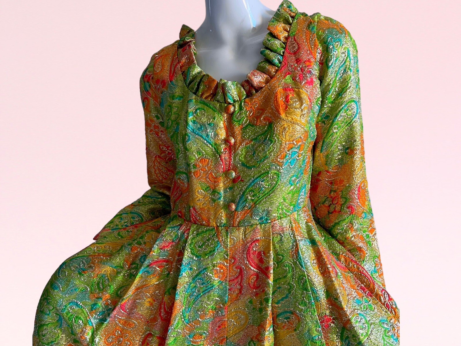 1960s Vintage Montaldos Designer Brocade Metallic Wedding Evening Dress Medium
