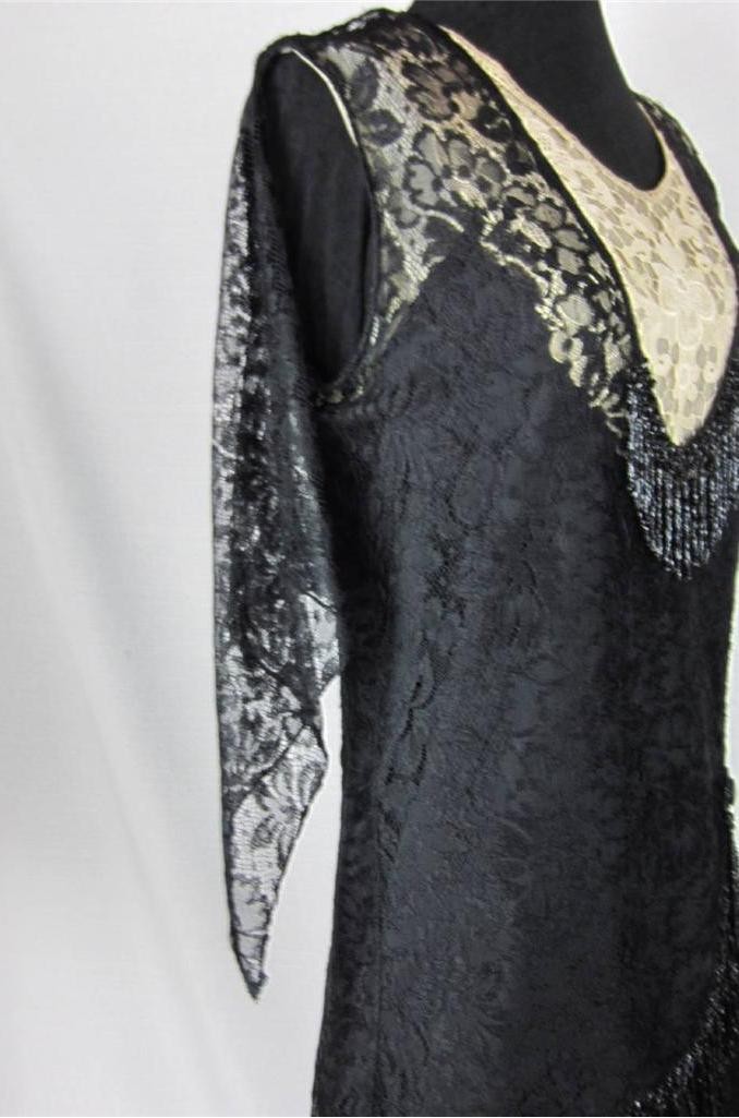 Flapper Dress, Gown Exquisite Beaded Black Lace True VTG 1920s – 30s Paris