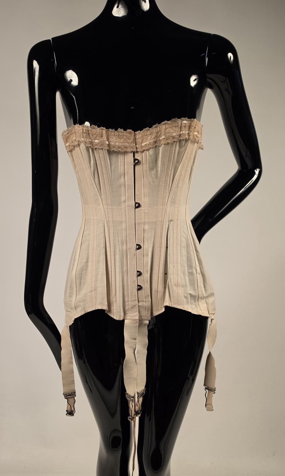 EDWARDIAN TALL CORSET W ORNATE GARTERS + LACE TRIMMED TOP