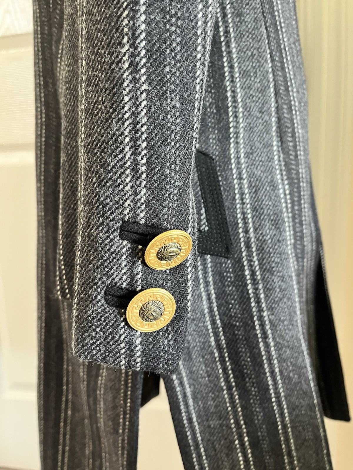 Vintage GIANNI VERSACE Couture Striped Wool Jacket with Medusa Buttons, Size 8