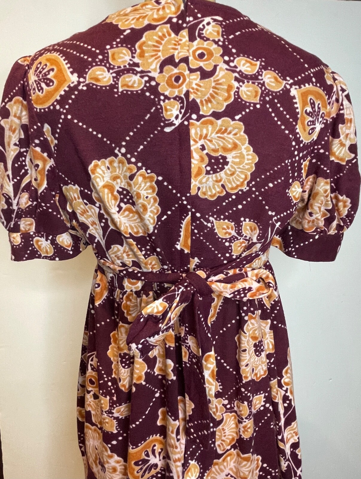 EUC!!VTG 70’S BYER CA BOHO HIPPY BURGUNDY&TAN FLORAL EMPIRE WAIST MAXI DRESS*M