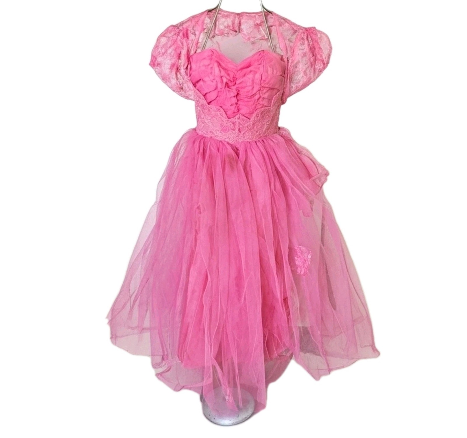 1950s Hot Pink Prom Gown Set, Bubblegum Cupcake Dress, Tulle Skirt, Lace Bolero