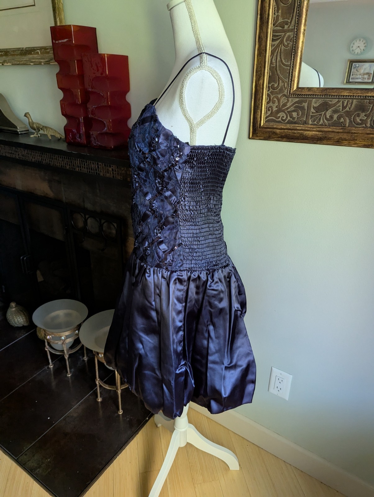 Vintage 80’s Size Small/Med Formal Sequin Lace Ribbon Bodice Bubble Skirt Dress