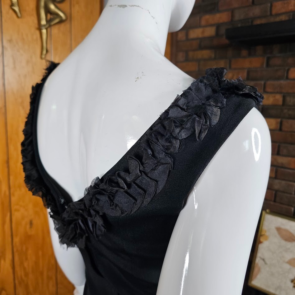 Vintage 60s Black Scalloped Ruffle Sheath Wiggle Pencil Cocktail Party Dress S/M