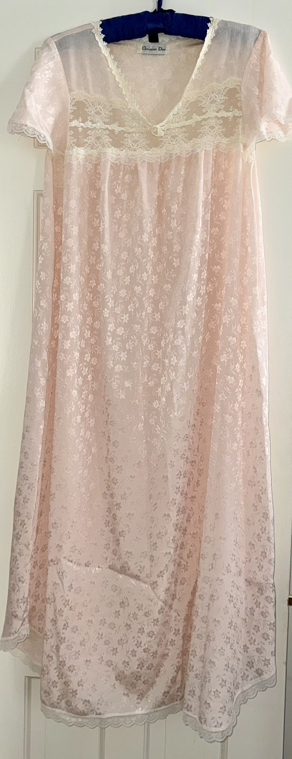 Vintage Christian Dior Pink Nightgown W/ Ivory Lace- short sleeves, V-neckline