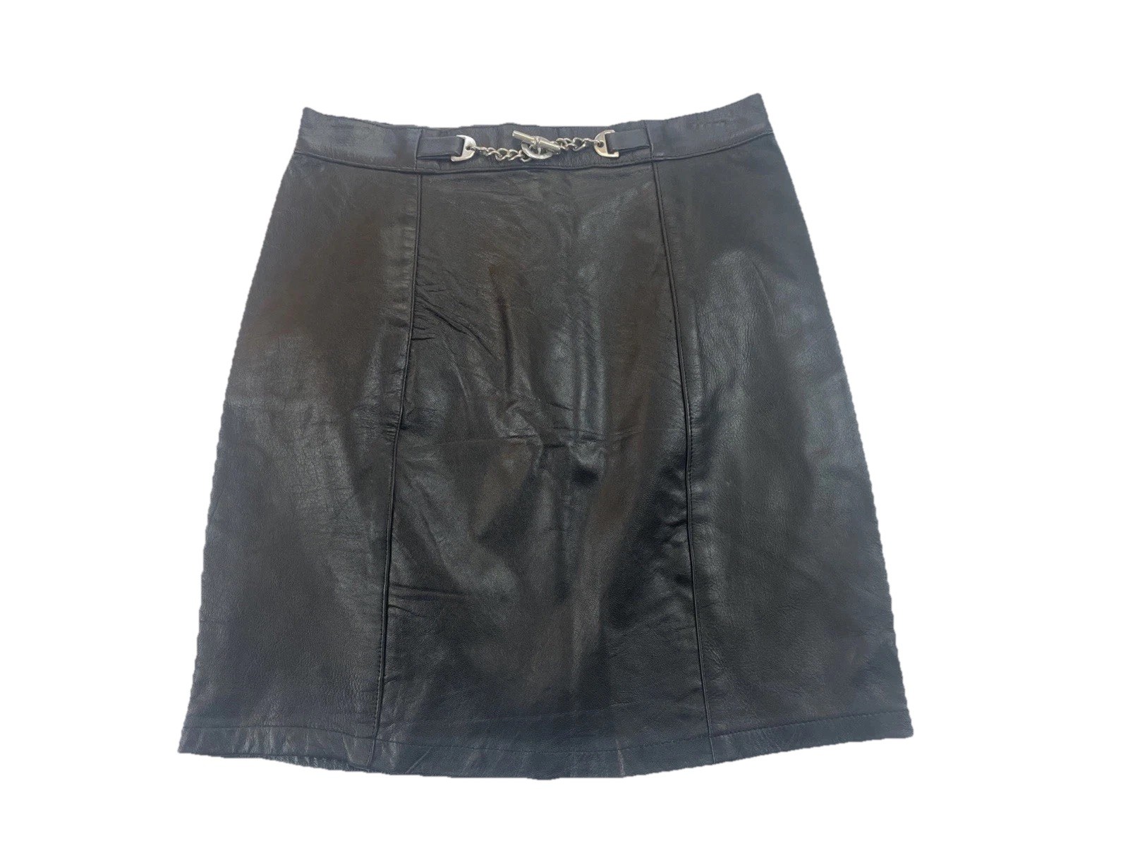 Vintage 80s Leather Black Leather Skirt w/ Metal Chain Embellishment Size L READ