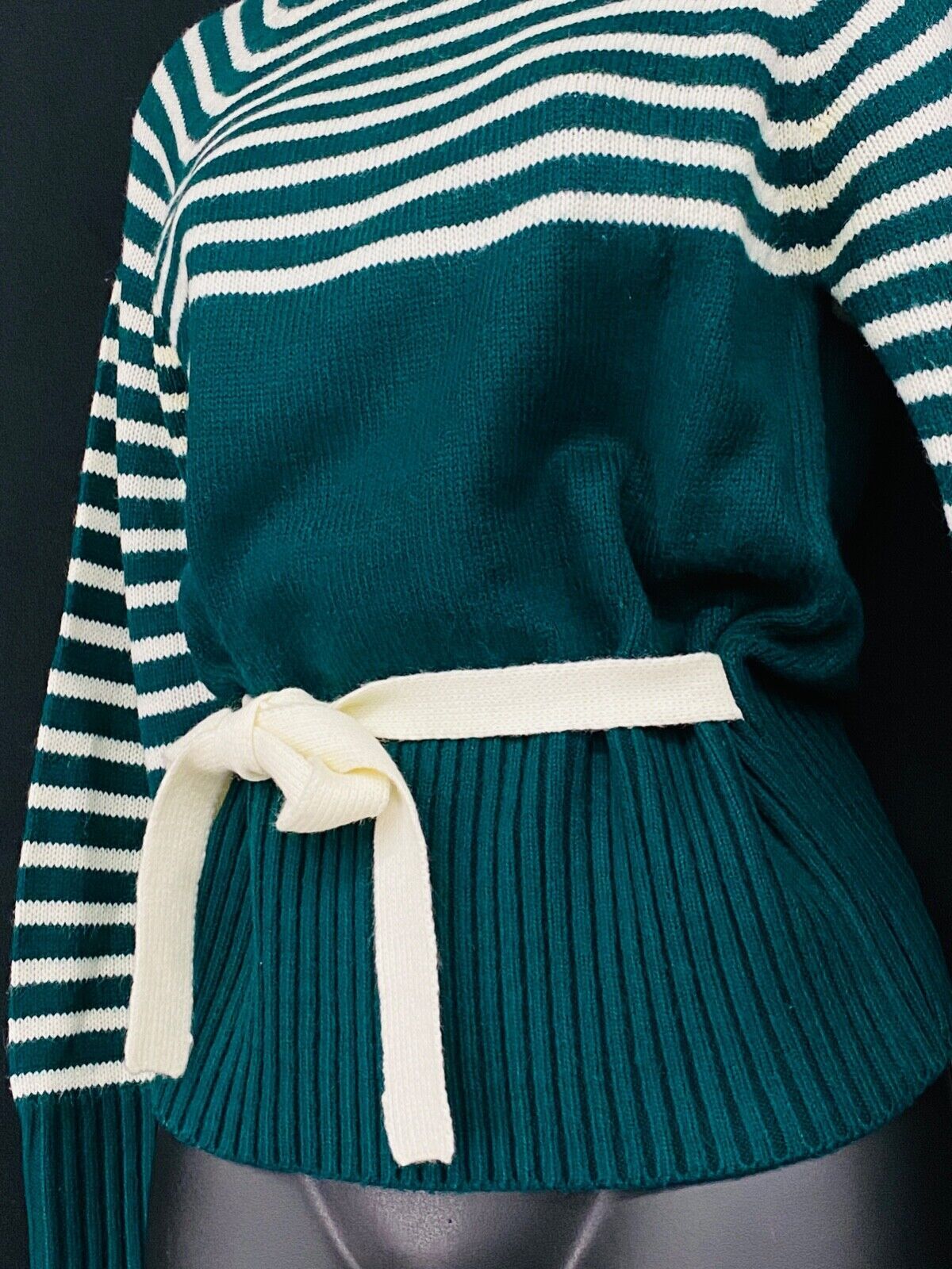 Vintage 1970s green white striped sweater knit shirt top long sleeve belt ribbed