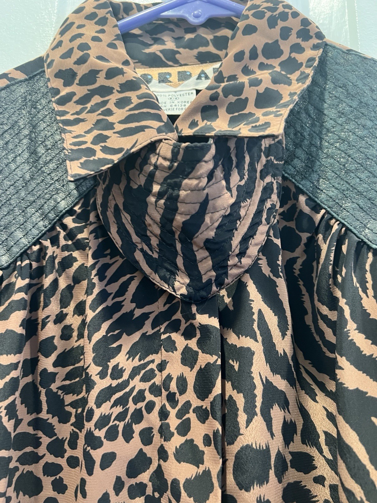 VTG 80s Jordan Animal Print Blouse Faux Leather Shoulder Leopard Tiger Size 5/6